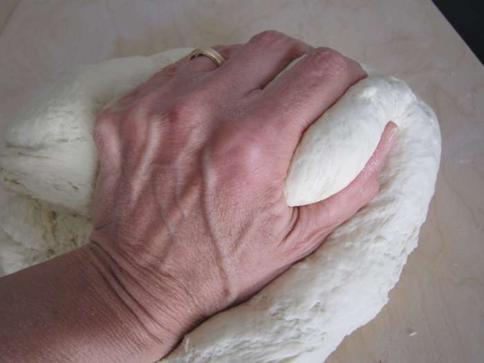 Knead the dough by folding the dough in half and rocking forward on the heels of your hands to press the dough flat.