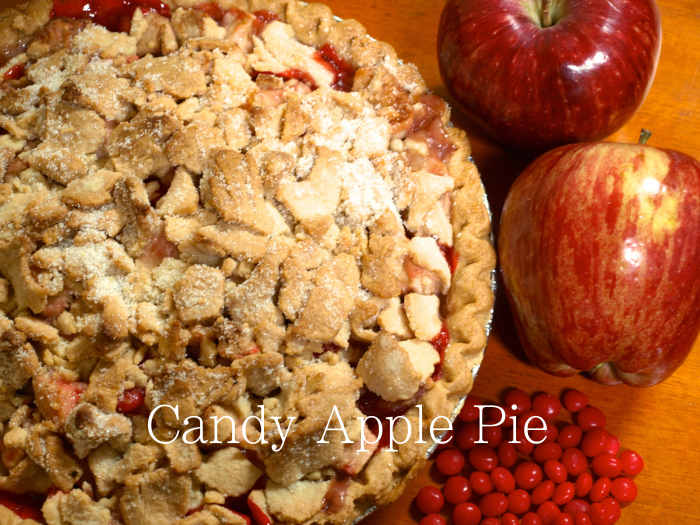Candy apple pie ready to be served! You can see how the cinnamon red hots have melted and bubbled up through the top.