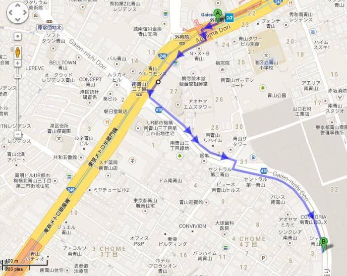 Walk from Gaienmae station to Yosuda, according to google it's 10 minutes, but it's all downhill. I remember it more like 5 minutes.