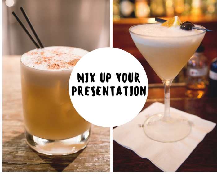 Update the classic whiskey sour recipe with a new presentation. Use decorative glassware or spend some time preparing a beautiful garnish for a unique look.