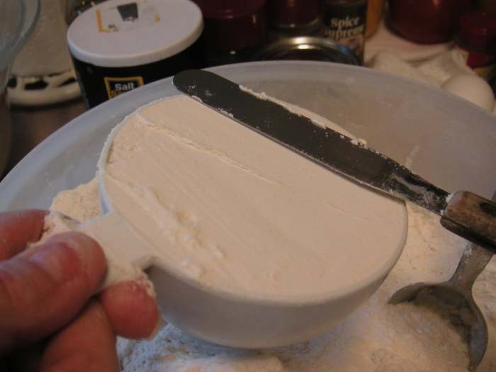 When measuring dry ingredients, use dry measuring cups and level off the top with a straight edge like a knife.