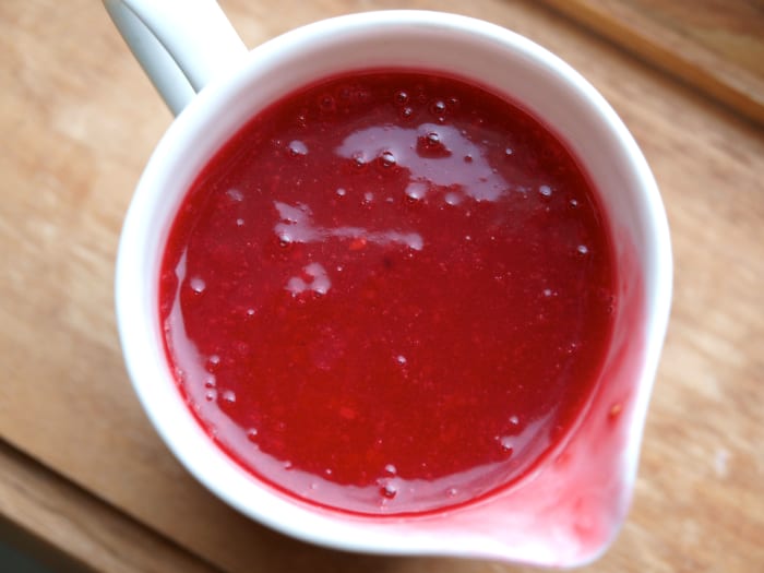 Raspberry Sauce ready for use. This preparation results in a divinely intense flavor. There is nothing quite like it.