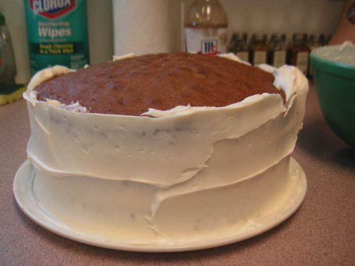 Frosting the outer edges first makes this go quickly. I ran short of icing when I reached the top. Adding more confectioner's sugar to the remaining blend worked fine.