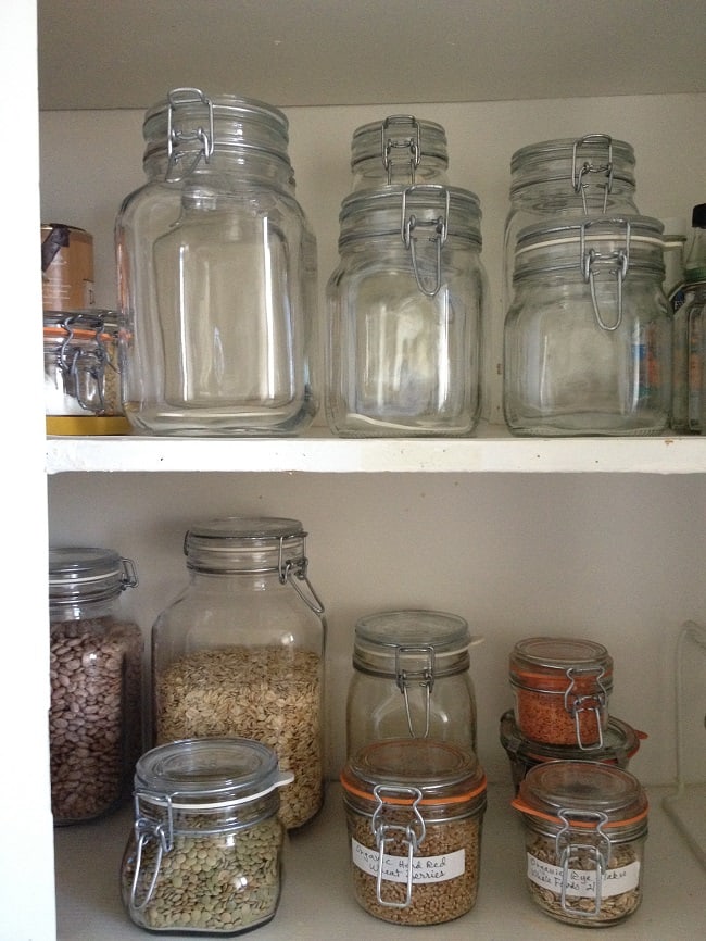 We always have a few jars of various sizes clean and ready for the next shopping trip. On the bottom shelf, you can see some of our grains and legumes