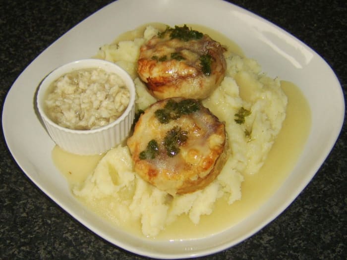 Mini steak pies and mash, served with jellied conger eel and liqueur made from conger poaching juices