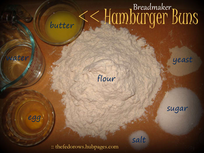 To make breadmaker buns you'll need melted butter, water, egg, flour, salt, sugar, and yeast.