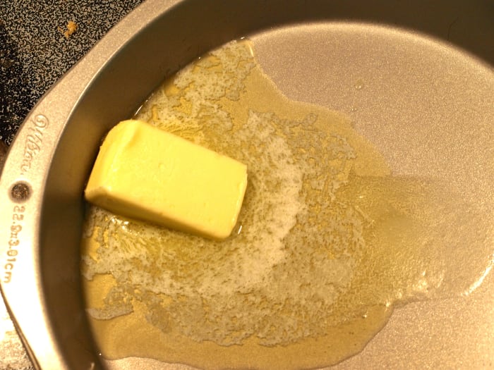 Melt butter in baking dish. Be careful if melting on the stovetop. The pan can get extremely hot.