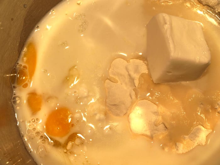 Mix together, flour, sugar, shortening, milk, egg, baking powder and salt. Remember to include any additions that the recipes above call for.