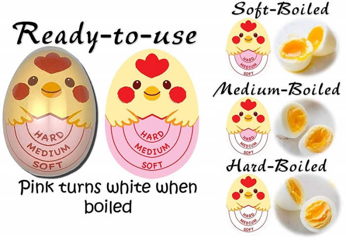 The Cheeky Chick egg-timer is placed with the eggs in a pot and changes color when the eggs are ready.