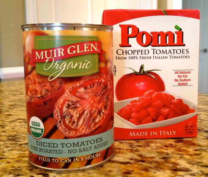 Choose no-salt-added chopped or diced tomatoes. Two good brands to try are Pomi and Muir Glen.