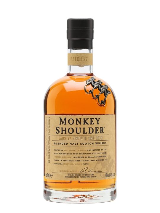 Monkey Shoulder. A William Grant whisky that tastes excellent whether drunk neat or mixed in a cocktail. Monkey Shoulder delivers a rich and spicy experience for your palate, complete with berries, honey, and nutmeg.
