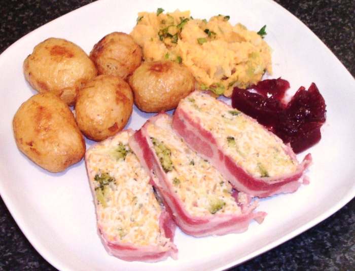 Moist and succulent broccoli, turkey and sweet potato meatloaf is served with pan roasted potatoes and sweet potato and broccoli stalk mash