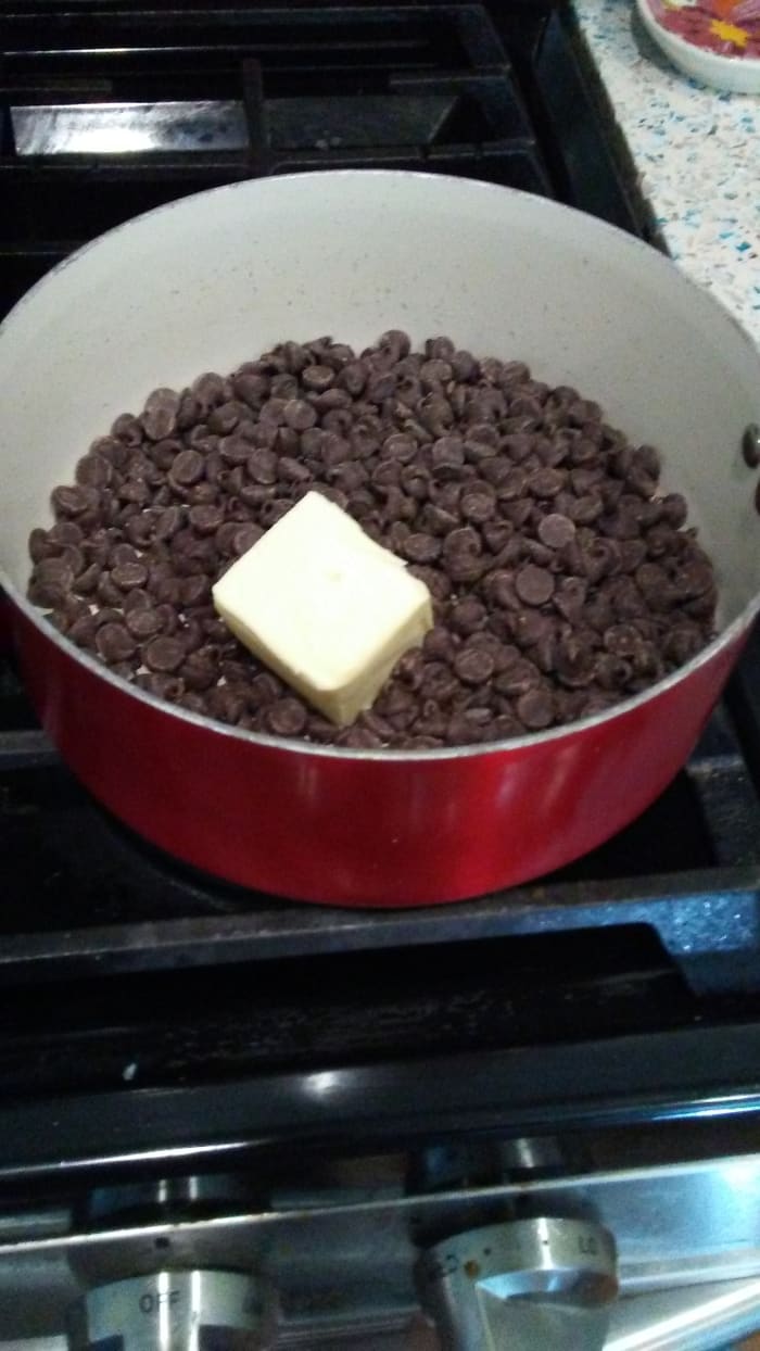 You need 1 (12-oz) package semisweet chocolate chips and 1/4 cup butter. Keep stirring so the chocolate won't burn!