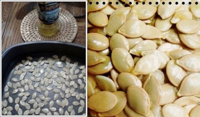 Left: Oiled, salted seeds ready to roast. Right: Close up of fresh roasted pumpkin seeds.