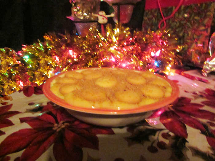 Finished dessert. You may indent your wafers in the pudding or not. They stay crispier longer if not pushed in.