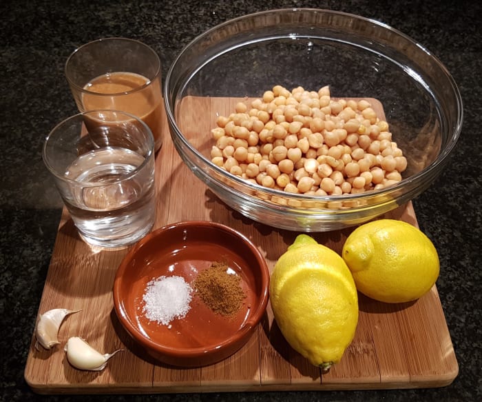 Hummus ingredients. Note: I doubled up the ingredients in this picture to make twice as much hummus