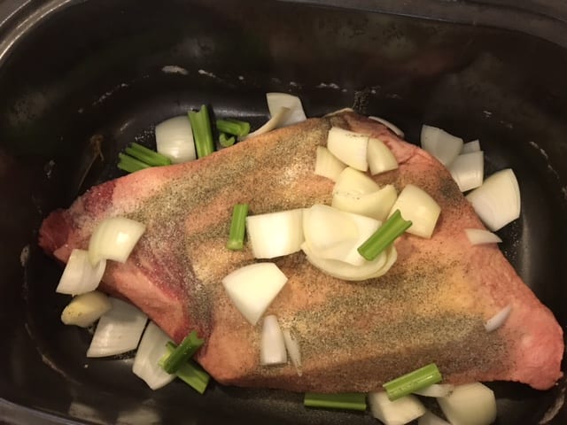 Add a couple of stalks of celery chopped. The flavor of celery, like onions, mellows and sweetens as the roast cooks.