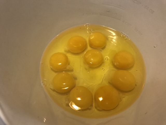 For each piece of French Toast, use 1 egg. This recipe makes 8 slices of French Toast, so I start with 8 eggs, lightly beaten, for the batter.