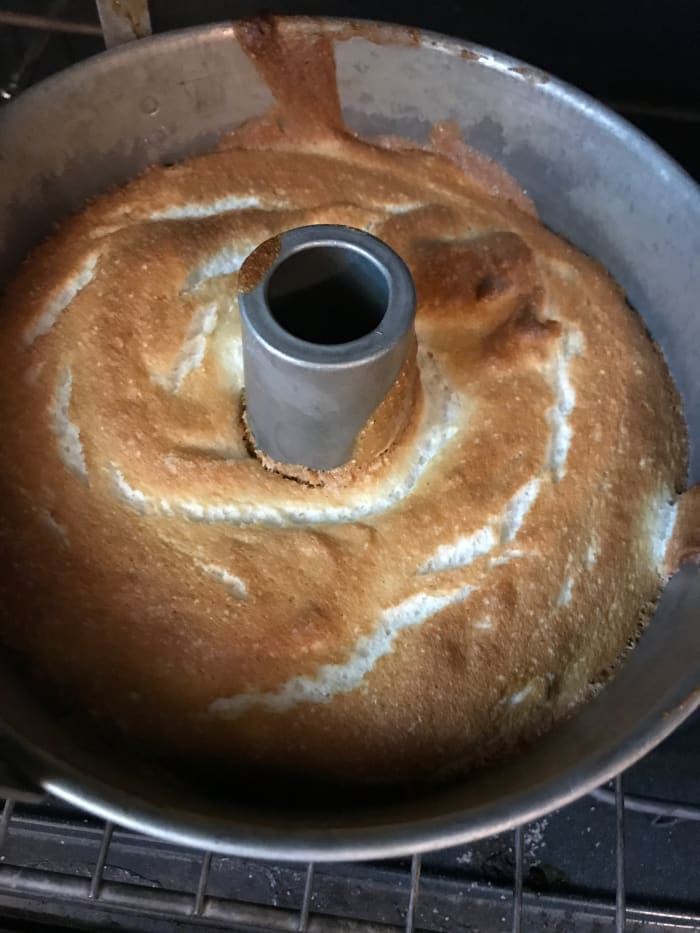 Bake until the cake has risen, set completely on top and turned a beautiful golden brown. AT 350F this takes just at 40 minutes, but start checking at 35 minutes in case your oven varies from mine.