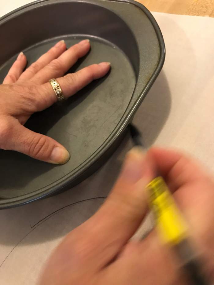 Prepare cake pans by coating them with baking spray, and lining them with parchment paper. Just trace around the bottom of the pans and cut out circles. You can also buy precut parchment circles in specialty stores.