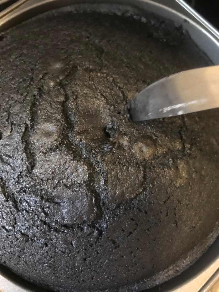 Bake cakes until a cake tester (or butterknife!) inserted into the center of each cake comes out clean, about 35-40 minutes at 350F.