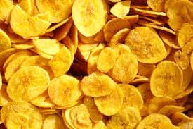 These chips are made with Nendran bananas from Kerala. They are known to make the best kind of banana chips, but other types of banana can work well, too.