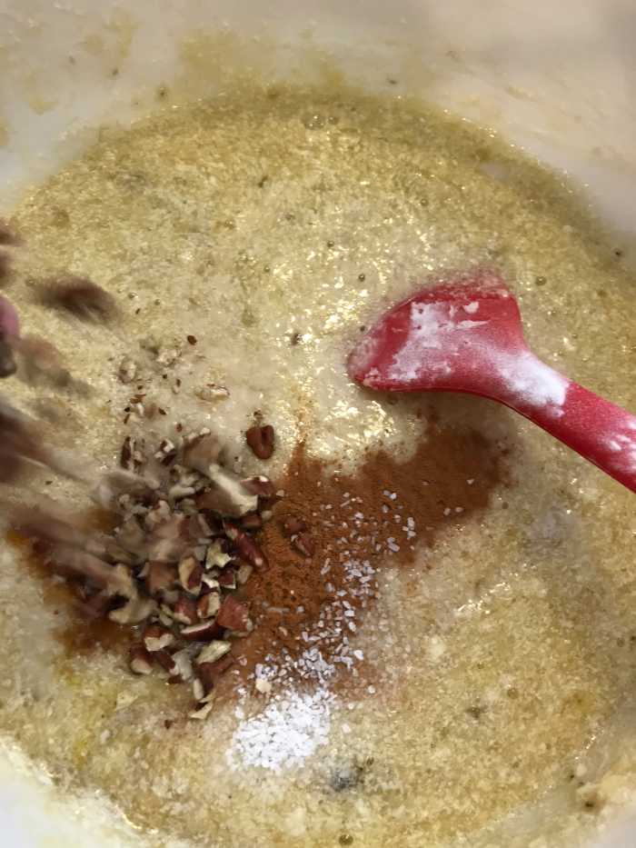 While none of these are strictly necessary, they add up to an incredible depth of flavor in the finished bread. Go strong with the vanilla, lightly with the cinnamon, and decide if you want nuts at all. We just like pecans, but walnuts are great too.