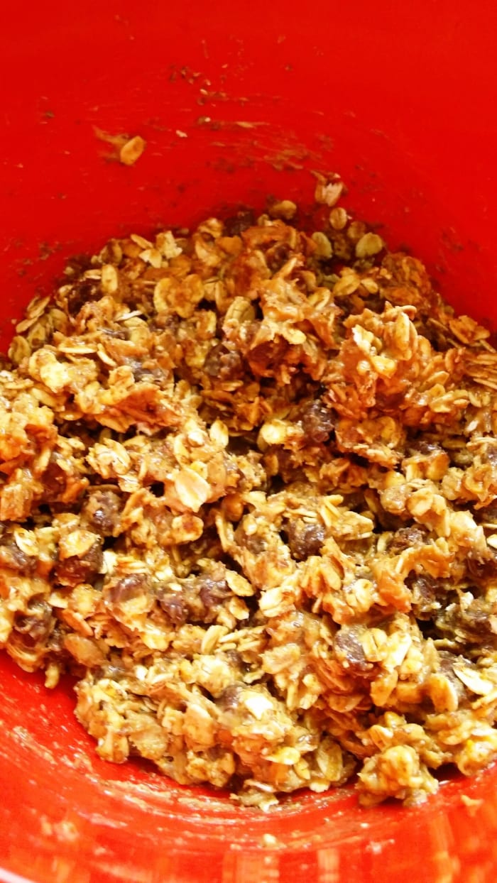 Blend oats, honey. peanut butter, chocolate chips, chia seeds, flaxseeds and vanilla. If mixture is too dry, add a little more honey.