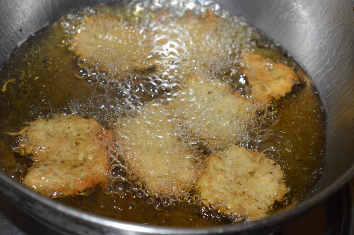 Step eight: Deep fry 5-6 of such squares on medium high heat till they are crunchy and golden brown.