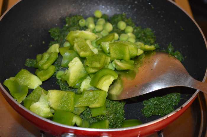 Step five: Add chopped veggies. If you want to add french beans and carrot, par-boil them before adding. Continue sauteing for 2-3 minutes.