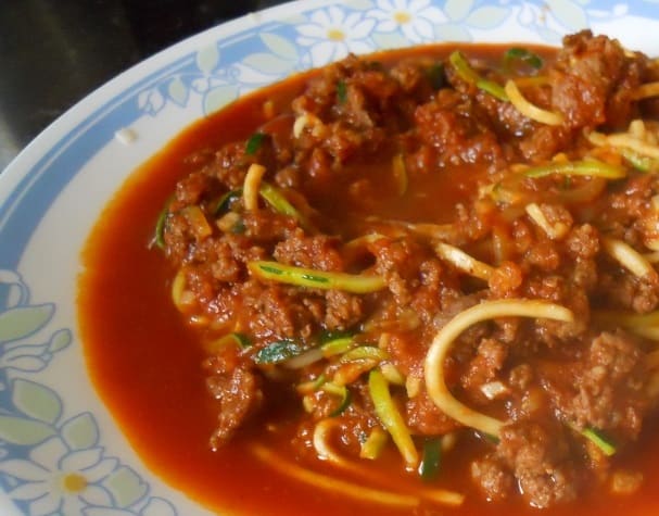 These are zucchini noodles made using the 1/8 inch (3mm) blade. I made Bolognese sauce and then tossed the zoodles into it for the last 5 minutes of cooking.