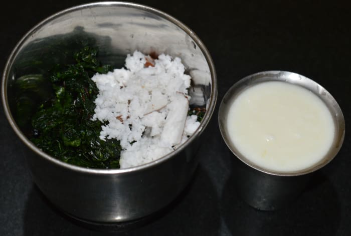 Step four: Put them to a mixer or blender when they cool down. Add grated coconut, salt, and curds. Grind to get a smooth paste.