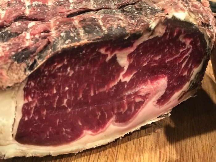 The end cut off to see the drying pattern. Pro Tip: Rotate the meat every week. This dries the meat more evenly