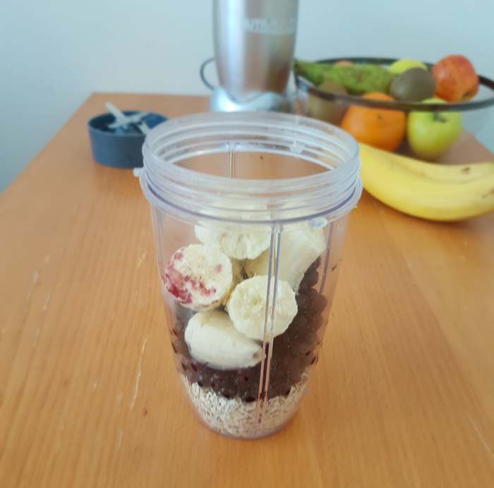 All the main ingredients are now in the blender cup and ready to be mixed together. It just needs a little ice and cold water.