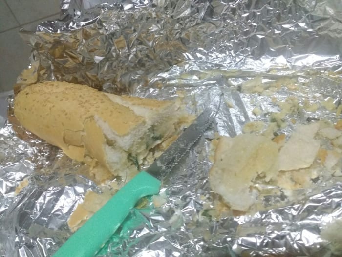 The consequences of leaving delicious garlic bread unattended—Don't say I didn't warn you if this happens to you too.