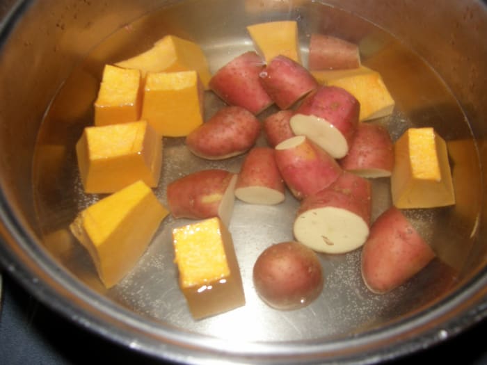 I prefer to keep the skins on the potatoes, but you can feel free to peel yours, if that is your preference.