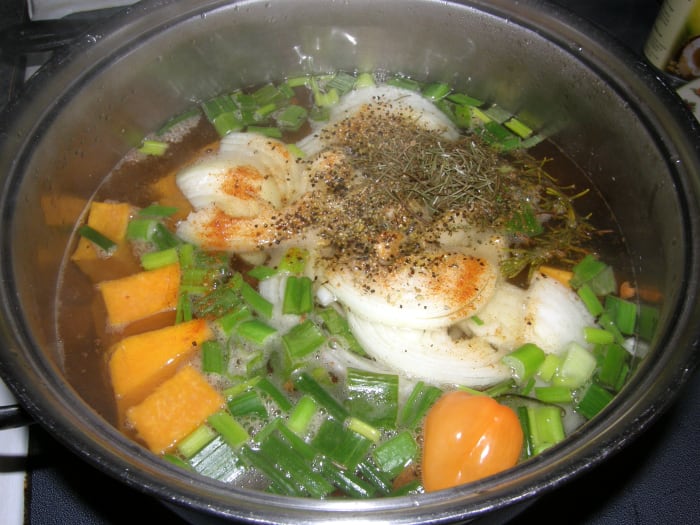At this point, add the herbs and spices. Boil for about 10 minutes, or until the vegetables have softened.