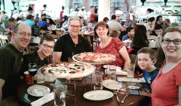 The entire Lefler family enjoys a great lunch at Via Napoli. While our wait was long, the food was delicious and it was wonderful to sit in an air conditioned restaurant!