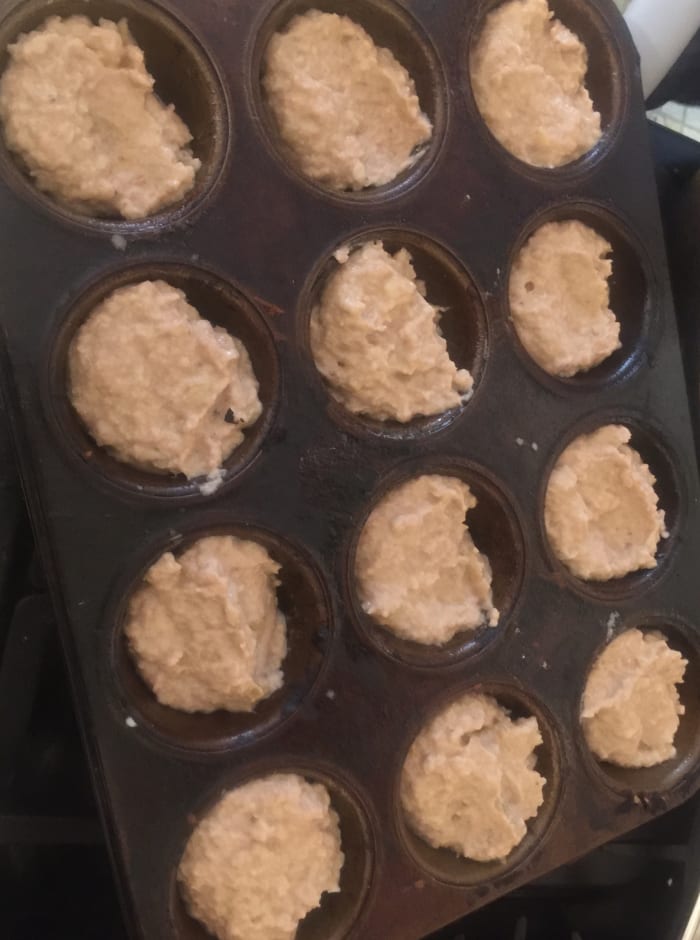 Each recipe makes approximately 15 muffins. They are large, sweet, and dense, and tend to have flat tops. You’ll see more of what I mean in the next few pictures.