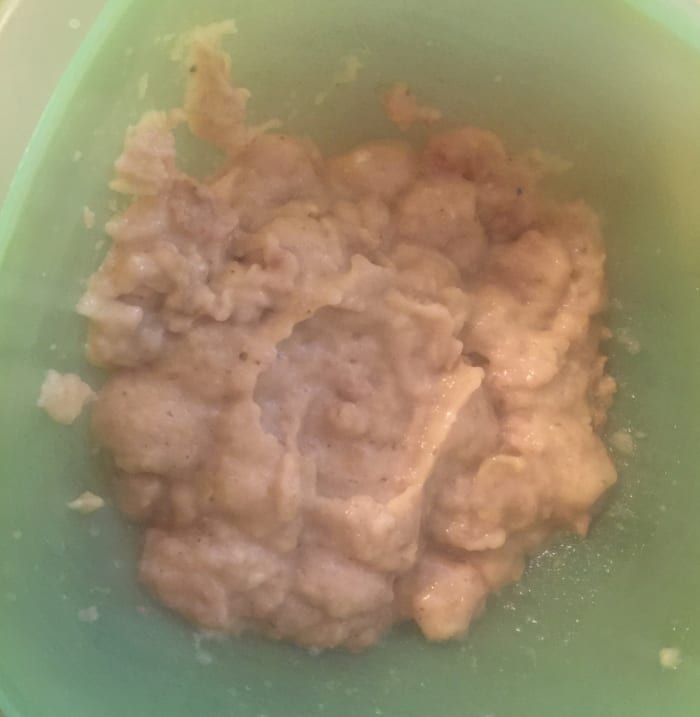 The apple-banana mixture doesn’t look all that appetizing at this stage, but don’t fret—we’ll turn it into delicious muffins in a flash.