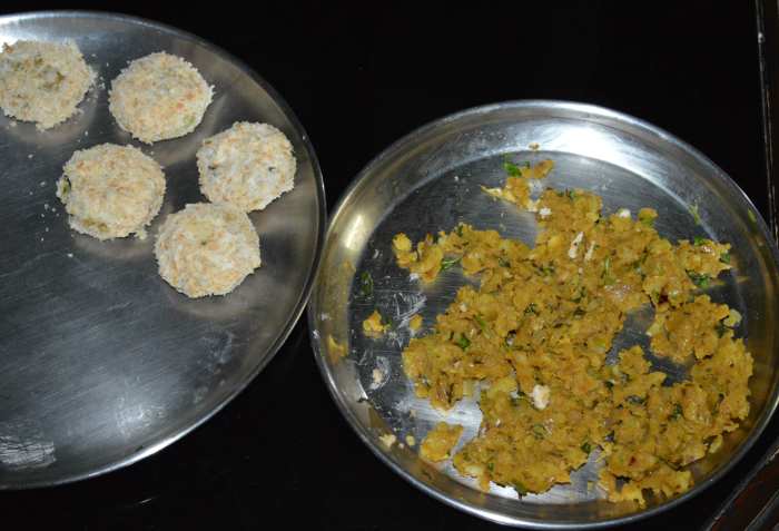 Step five: Make patties out of the potato mixture. Dip them in the all-purpose flour mixture. Next, coat each of them with bread crumbs.