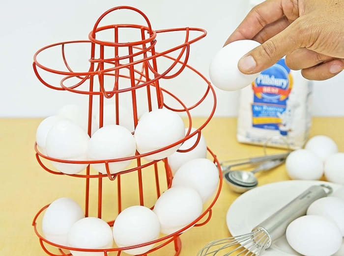 An egg helter-skelter. Take eggs from the bottom and refill at the top to ensure older eggs get used first,