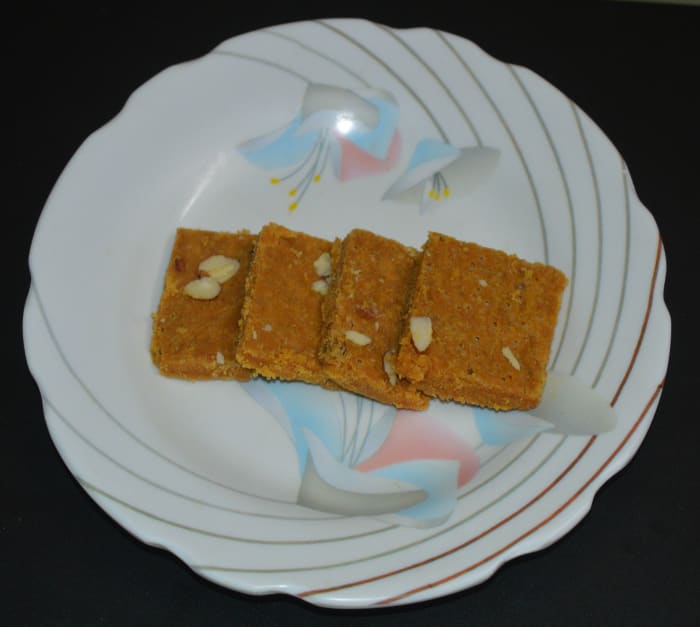 Flavorful and delicious besan burfi is ready! Enjoy. Store the remaining burfi in an airtight container for up to 10 days.
