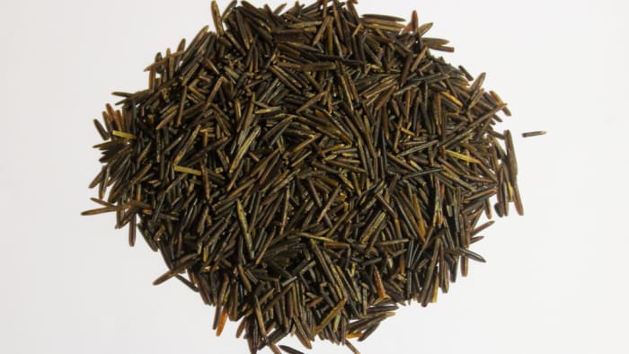 Naturally grown, hand-harvested Minnesota wild rice. Note the long grains, medium-brown color, and irregular lengths.