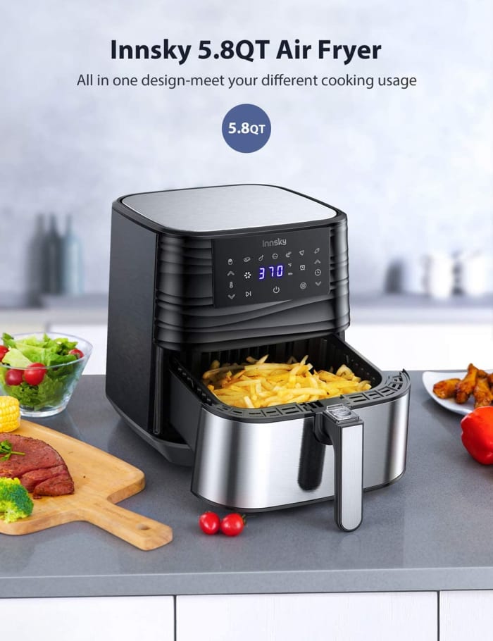 The Innsky stainless steel air fryer. This product makes an excellent gift for a friend or relative at a birthday or Christmas time.