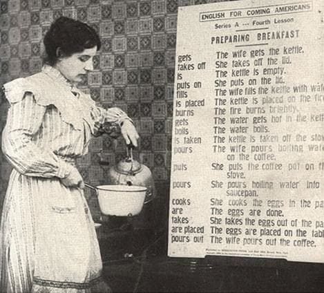 A WWI Era Italian immigrant makes her American breakfast with ESL lessons from the YMCA circa 1918.