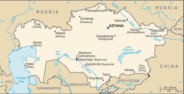 The Russian dandelion is native to Kazakhstan and Uzbekistan. This map shows the republic of Kazakhstan, with the republic of Uzbekistan to the south and Russia to the north.