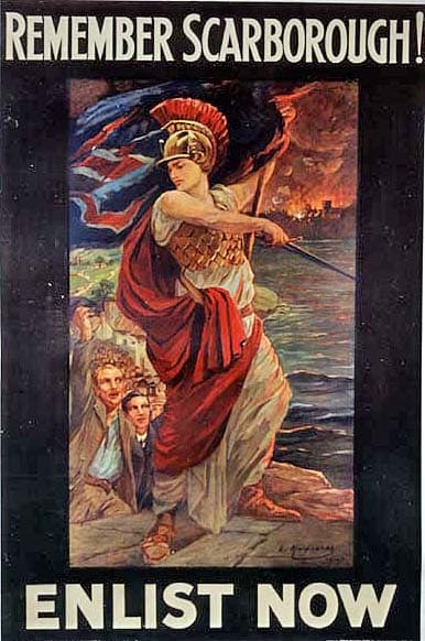 A vengeful Britannia, brandishing a Union Flag, leads the men of Britain to war. Scarborough burns in the background. Artist: Lucy E Kemp-Walsh