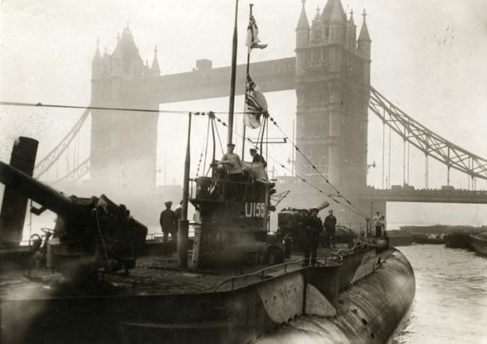 WW1: Uboat 155 (Deutschland) exhibited in London after World War I. Note the two 150-mm cannons, fore and aft.