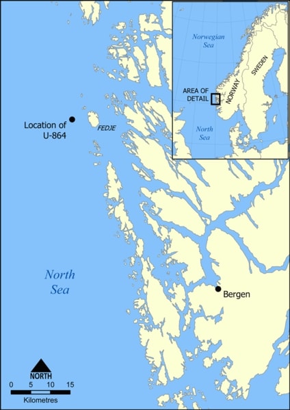 WWII: The location of the World War 2 German submarine U-864. It was sunk here by the British submarine HMS Venturer in February 1945.